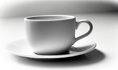  a white coffee cup and saucer on a white table top with a shadow of the cup and saucer on the plate and a white background.  generative ai