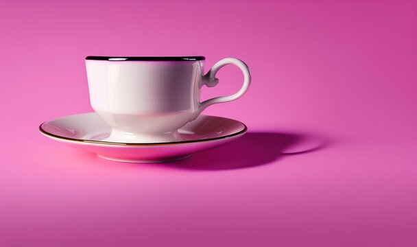  a white cup and saucer on a pink background with a shadow of a cat in the middle of the cup and saucer on the saucer.  generative ai