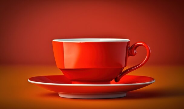  a red coffee cup and saucer on a saucer on a brown tablecloth with a red wall in the background and a red background.  generative ai