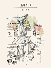 Vector Lijiang, China postcard. Traditional Chinese wooden houses in Lijiang, Yunnan, China. Artistic hand drawing. Travel sketch. Vintage style travel poster, banner, postcard