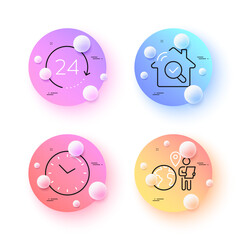 24 hours, Outsource work and Time minimal line icons. 3d spheres or balls buttons. Inspect icons. For web, application, printing. Time, Remote worker, Clock. Search building. Vector