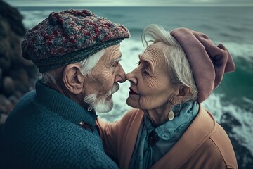 An elderly couple walks hugging along the coast of the ocean. Generative AI