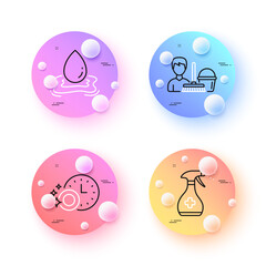 Medical cleaning, Dishwasher timer and Cleaning service minimal line icons. 3d spheres or balls buttons. Water splash icons. For web, application, printing. Vector