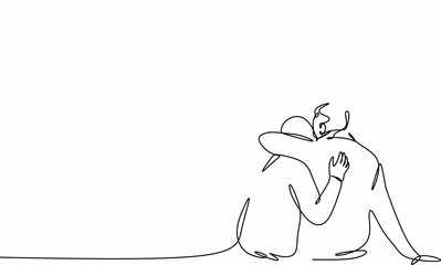 continuous silhouette drawing of a man embracing a woman sitting on the floor. Close-up. The concept of the psychology of love, print on a T-shirt, notebooks,