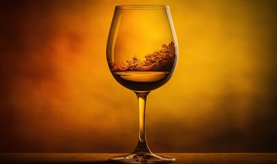  a wine glass filled with a liquid filled with ice and water on a table with a yellow background and a yellow light behind it,.  generative ai