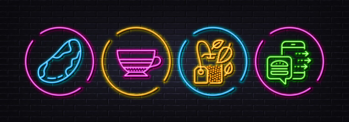 Mocha, Mint bag and Brazil nut minimal line icons. Neon laser 3d lights. Food order icons. For web, application, printing. Coffee cup, Mentha tea, Vegetarian. Food delivery. Vector