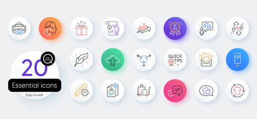 Simple set of Quick tips, Insomnia and Taxi line icons. Include Project deadline, Manual doc, Cloud upload icons. Change clothes, Interview documents, Genders web elements. Star. Vector