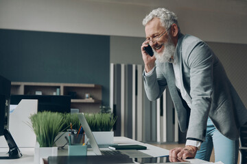 Happy mature businessman talking on mobile phone while s working in the office