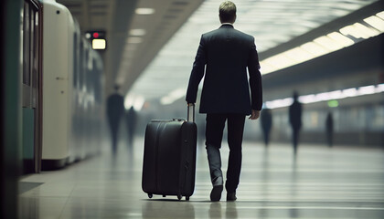 A man in a suit walks around the station with a suitcase. AI generative
