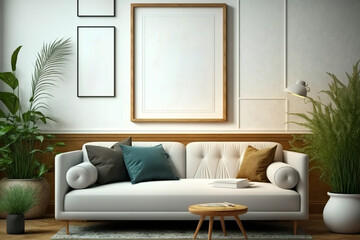 Gallery wall mockup in living room interior with comfortable sofa