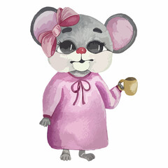 watercolor illustration of a mouse in a pink dress with a cup