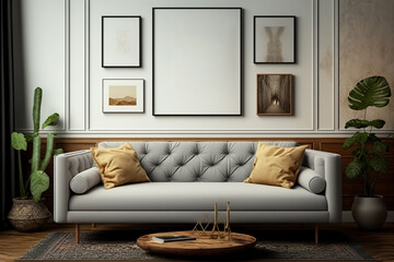 living room interior wall gallery with comfortable sofa