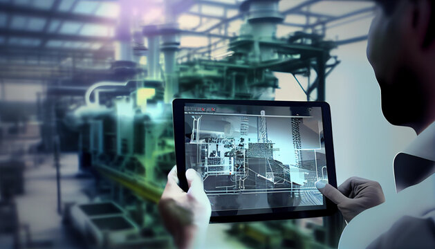 The engineer examines the project with a tablet. AI generative