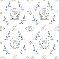 Esoteric seamless pattern with 
divination ball and third eye. Vector illustration