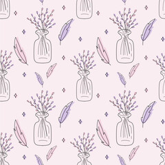 Gentle seamless pattern with vials, feather and flowers on the pink background. Esoteric vector illustration