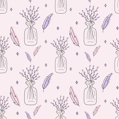 Gentle seamless pattern with vials, feather and flowers on the pink background. Esoteric vector illustration