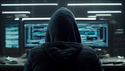 Hooded hacker sitting in front of a computer, AI generative