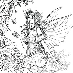 Fototapeta na wymiar beautiful fairy for the anti stress coloring page Vector illustration