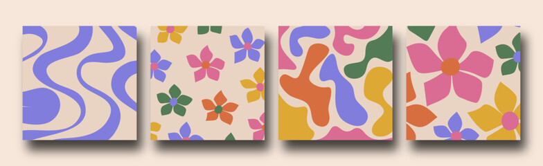 Retro Collection of abstract organic floral posters, Trendy vintage 70s style. Y2k aesthetic. good for social media posts , posters and prints