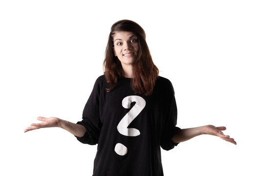 Portrait of a girl wearing black outfit with white question mark making questionable hand gestures. Isolated on white background