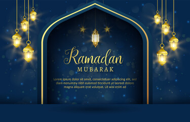 Obraz na płótnie Canvas ramadan mubarak banner with beautiful shiny luxury light islamic ornament and abstract gradient dark blue background