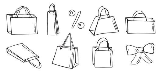 Vector Set of Black Doodle Shopping Bags Icons.