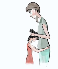 Drawing mother hugs her daughter, sad eyes, mom is upset. On a white background black line soft colors