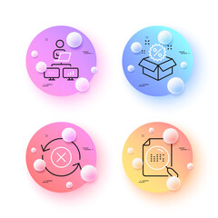 Reject refresh, Search file and Sale minimal line icons. 3d spheres or balls buttons. Work home icons. For web, application, printing. Update rejection, Find document, Discount. Freelance work. Vector