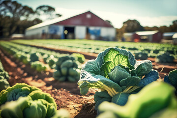 Agriculture landscape with organic cabbages growing on vegetable farm. Natural vegetables and greenery cultivation. Natural fruits and vegetables production industry. Generation ai