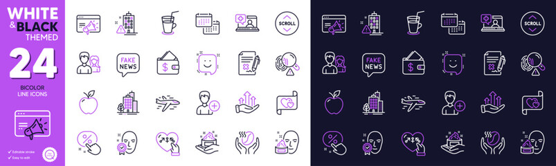 Buildings, Growth chart and Wallet line icons for website, printing. Collection of Airplane, Apple, Scroll down icons. Face verified, Love letter, Smile web elements. Skin care. Vector