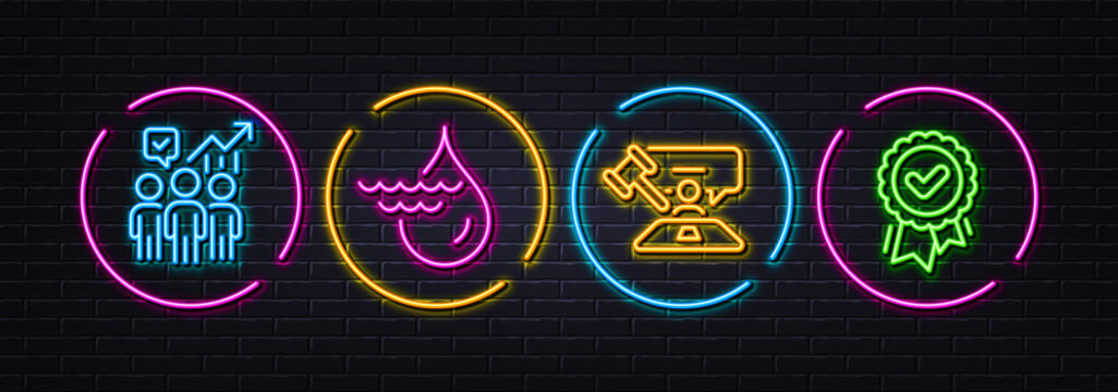 Hydroelectricity, Judge Hammer And Business Statistics Minimal Line Icons. Neon Laser 3d Lights. Approved Award Icons. For Web, Application, Printing. Vector