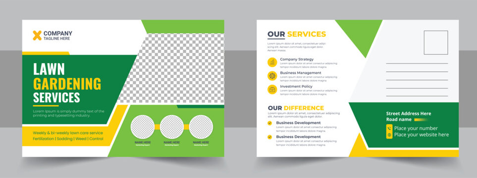 Creative postcard EDDM design template, every door direct mail landscaping lawn care postcard, best lawn care Service postcard template, cleaning lawn mowing garden postcard  vector
