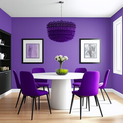 Modern dining room interior design with purple wall