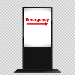 LCD display mock up on transparency background, with emergency text on screen, Digital kiosk LED display ViewSonic, industry-standard PC, electronic poster with blank screen