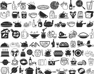 70 food and drink icon set, food and drink icon set of 70 icons black vector