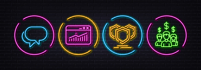 Shields, Website statistics and Talk bubble minimal line icons. Neon laser 3d lights. Salary employees icons. For web, application, printing. Safe secure, Data analysis, Chat message. Vector