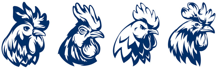 Head of rooster set. Cock abstract character illustration. Graphic logo designs template for emblem. Image of portrait for company use.