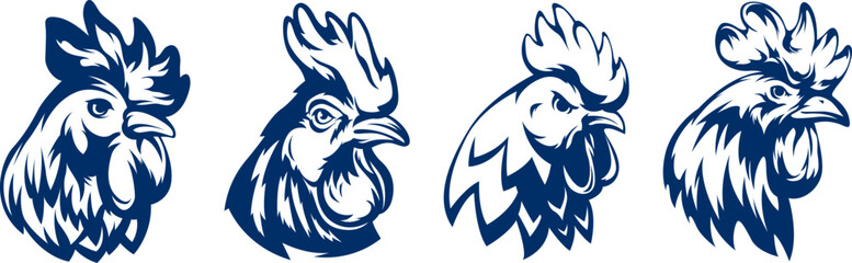 Head of rooster set. Cock abstract character illustration. Graphic logo designs template for emblem. Image of portrait for company use.