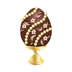 large Easter chocolate egg with pattern and pearls on gold stand. Isolated design element on white background. Realistic vector illustration