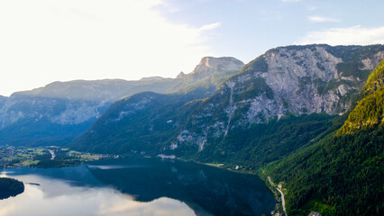 Panorama view of Hallstattersee lake and mountain in daylight. Landscape, Stock photo