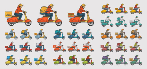 Scooter deliverymen stickers set colorful