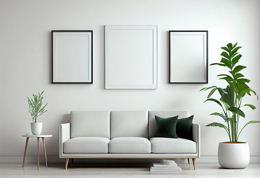Three blank picture frame mockups on a wall. Square orientation. Artwork templates in interior design. AI Generated