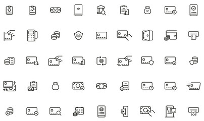 Vector set of linear icons related to finance management, payment and bank services. Mono line pictograms and infographics design elements