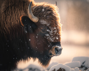 Bison in the snow-Sunrise Light-Generative AI