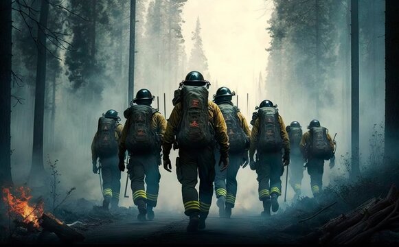 Group of firefighters walking towards a burning forest. Generative AI