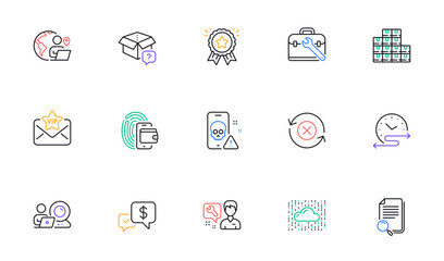 Repairman, Vip mail and Cloud system line icons for website, printing. Collection of Wholesale inventory, Search file, Payment received icons. Loyalty award, Reject refresh. Vector