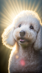 Portrait of a white poodle. Beautiful pet and family photos, wallpaper, poster created with help of generative ai.
