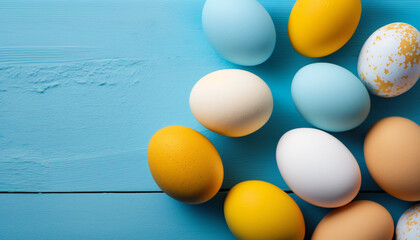 Colorful painted yellow, white, blue easter eggs on wooden background, top view. Banner with space for advertisement text. AI