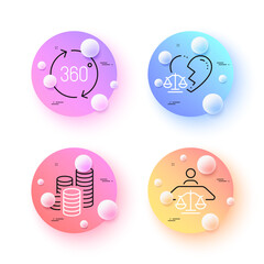 Coins, 360 degrees and Divorce lawyer minimal line icons. 3d spheres or balls buttons. Court judge icons. For web, application, printing. Tips money, Full rotation, Broken heart. Judgement. Vector