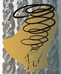 Abstract drawing of a female head, a whirlwind of hair against the background of the silhouette of a bell and ropes. Unbreakable in suffering